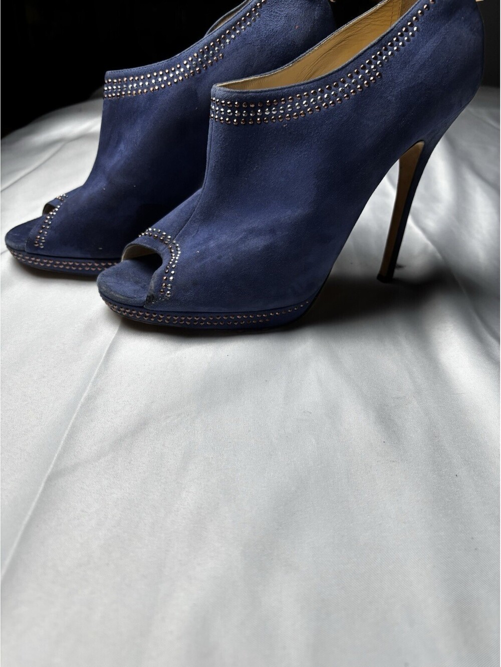 Jimmy Choo Navy Blue Suede Peep Toe High Heel Booties with Z - Picture 3 of 10